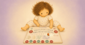 Pelusa sentada con la Ouija entre las piernas mientras Berta señala una opción.